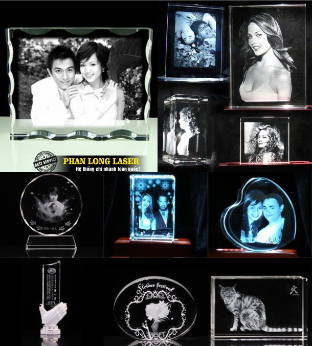Khắc laser UV lên thủy tinh pha lê, kỷ niệm chương, khắc ảnh cưới, khắc chân dung tại xưởng Phan Long Laser