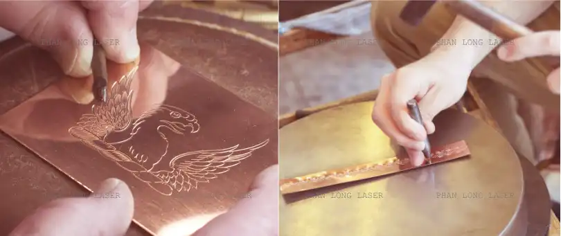 khắc thủ công bằng tay lên bề mặt kim loại đồng thau, đồng đỏ